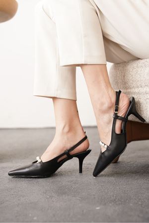 Kadın Justin İncili Kısa Topuklu Ayakkabı - siyah-deri