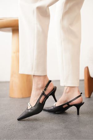 Kadın Justin İncili Kısa Topuklu Ayakkabı - siyah-deri