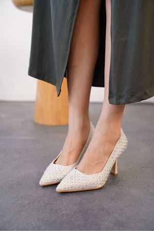 Kadın Roday Taşlı Topuklu Stiletto Ayakkabı  - Ten