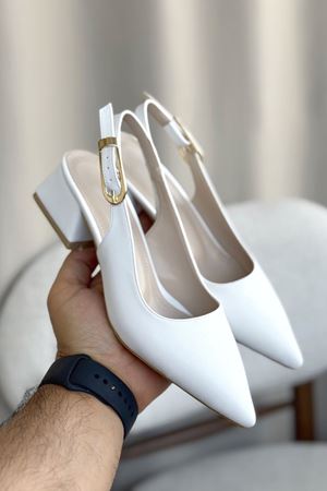 Kadın Mely Tokalı Kısa Topuklu Ayakkabı - Beyaz-Deri