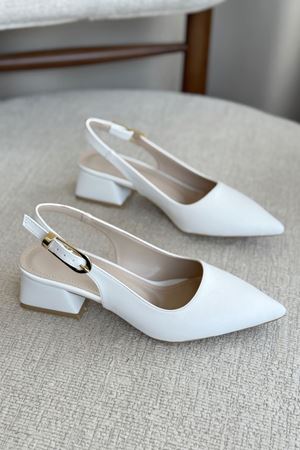 Kadın Mely Tokalı Kısa Topuklu Ayakkabı - Beyaz-Deri