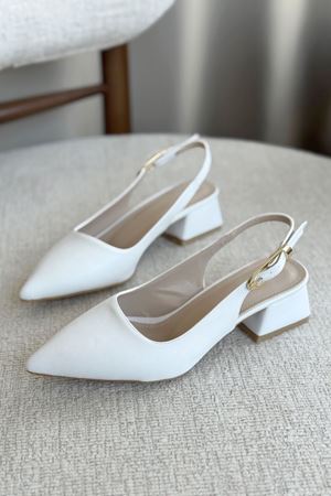 Kadın Mely Tokalı Kısa Topuklu Ayakkabı - Beyaz-Deri