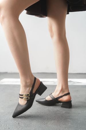 Kadın Gray Tokalı Kısa Topuk Ayakkabı - siyah-deri