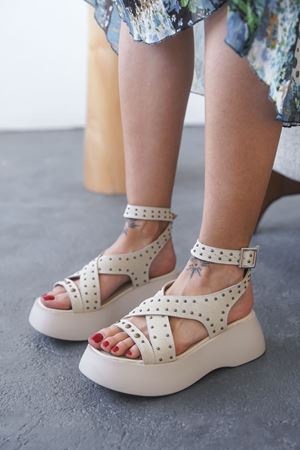 Kadın Köln Troklu Kalın Tabanlı Sandalet - Ten Süet