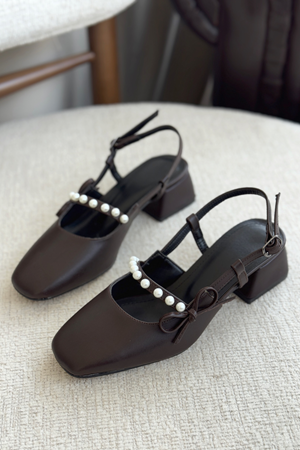 Kadın Maste İncili Kısa Topuklu Ayakkabı - Kahve-Deri