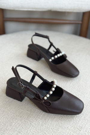 Kadın Maste İncili Kısa Topuklu Ayakkabı - Kahve-Deri