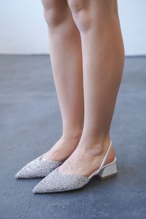 Kadın Enju Kısa Topuklu Cam Kırığı Taşlı Ayakkabı - Beyaz