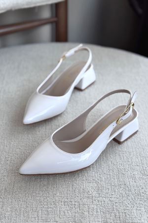 Kadın Mely Tokalı Kısa Topuklu Ayakkabı - Beyaz-Rugan