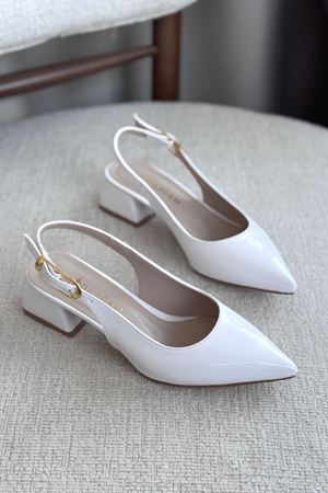 Kadın Mely Tokalı Kısa Topuklu Ayakkabı - Beyaz-Rugan