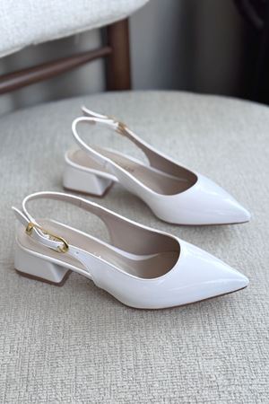 Kadın Mely Tokalı Kısa Topuklu Ayakkabı - Beyaz-Rugan
