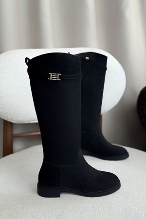 Kadın Nantes Düz Tabanlı Tokalı Çizme - Siyah Süet