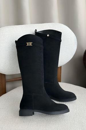 Kadın Nantes Düz Tabanlı Tokalı Çizme - Siyah Süet