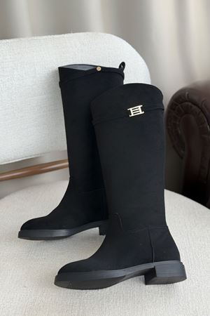 Kadın Nantes Düz Tabanlı Tokalı Çizme - Siyah Süet