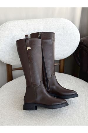 Kadın Gail Düz Tabanlı Tokalı Çizme - Kahve-Deri