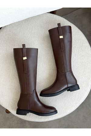 Kadın Gail Düz Tabanlı Tokalı Çizme - Kahve-Deri