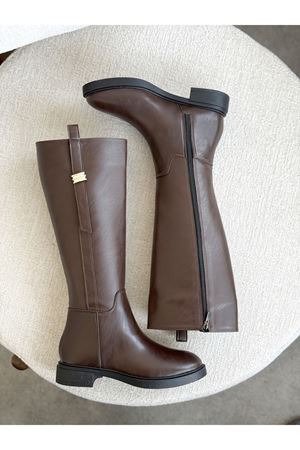 Kadın Gail Düz Tabanlı Tokalı Çizme - Kahve-Deri