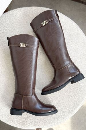 Kadın Nantes Düz Tabanlı Tokalı Çizme - Kahve-Deri