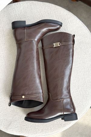 Kadın Nantes Düz Tabanlı Tokalı Çizme - Kahve-Deri