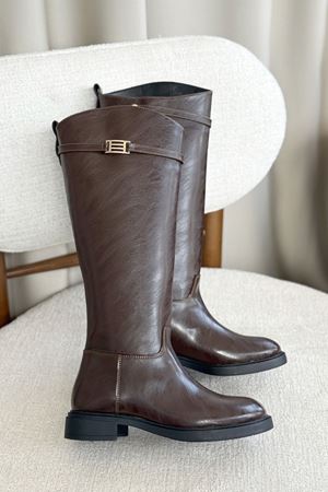 Kadın Nantes Düz Tabanlı Tokalı Çizme - Kahve-Deri