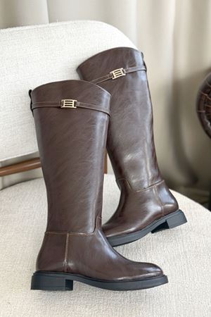 Kadın Nantes Düz Tabanlı Tokalı Çizme - Kahve-Deri