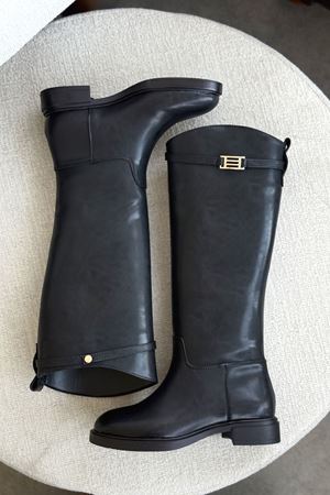 Kadın Nantes Düz Tabanlı Tokalı Çizme - siyah-deri