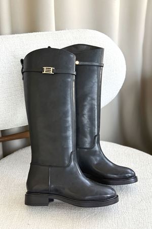 Kadın Nantes Düz Tabanlı Tokalı Çizme - siyah-deri