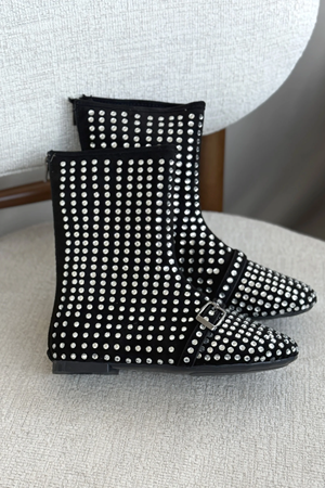 Kadın Geste Taşlı Düz Taban Bot - Siyah-Beyaz Taş