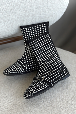 Kadın Geste Taşlı Düz Taban Bot - Siyah-Beyaz Taş