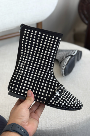 Kadın Geste Taşlı Düz Taban Bot - Siyah-Beyaz Taş
