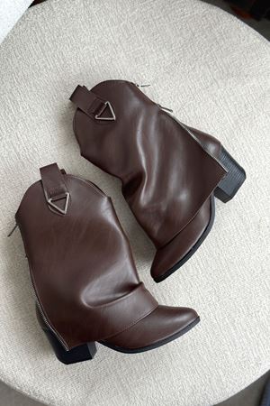 Kadın Silver Kovboy Geniş Konç Çizme - Kahve-Deri