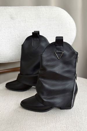 Kadın Silver Kovboy Geniş Konç Çizme - siyah-deri