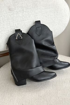 Kadın Silver Kovboy Geniş Konç Çizme - siyah-deri