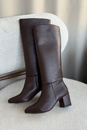 Kadın Akel Diz Altı Çekme Çizme - Kahve-Deri