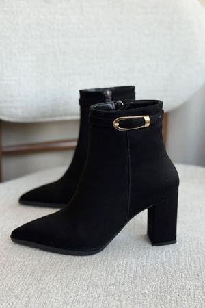 Kadın London Kalın Topuklu Tokalı Bot - Siyah Süet