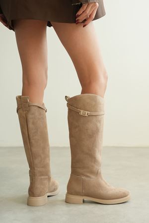 Kadın Nantes Düz Tabanlı Tokalı Çizme - Vizon