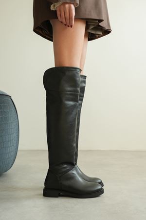 Kadın Goxi Düz Tabanlı Dizüstü Çizme - siyah-deri