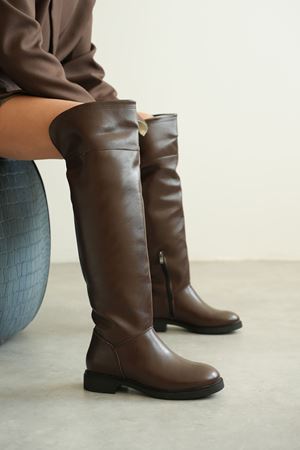 Kadın Goxi Düz Tabanlı Dizüstü Çizme - Kahve-Deri