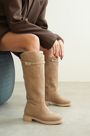 Kadın Nantes Düz Tabanlı Tokalı Çizme - Vizon