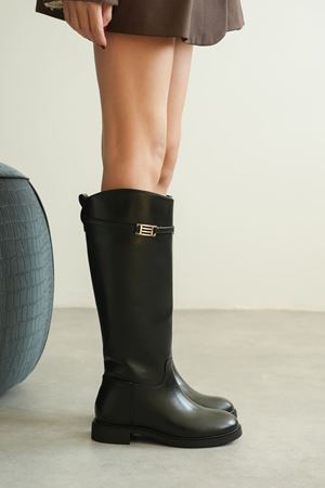 Kadın Nantes Düz Tabanlı Tokalı Çizme - siyah-rugan