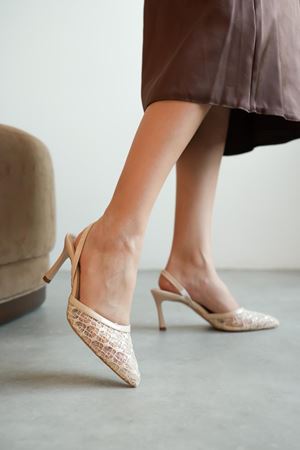 Kadın Lucco Pullu Dantelli Topuklu Ayakkabı - Ten