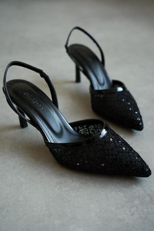 Kadın Lucco Pullu Dantelli Topuklu Ayakkabı - Siyah