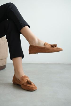 Kadın Boos Düz Taban Püsküllü Babet - Taba Süet