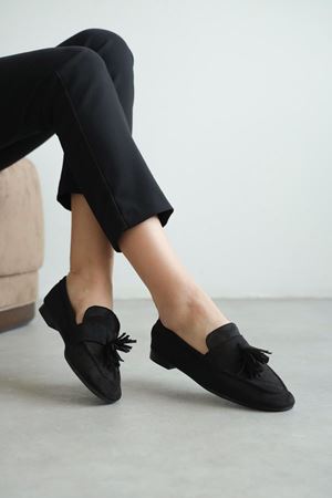 Kadın Boos Düz Taban Püsküllü Babet - Siyah Süet