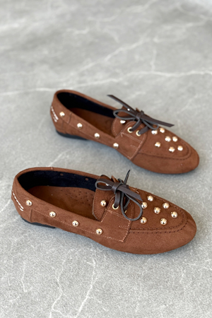 Kadın Fula Düz Taban Trok Detay Babet - Kahve-Süet