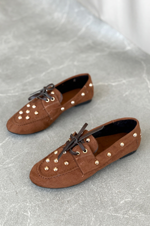 Kadın Fula Düz Taban Trok Detay Babet - Kahve-Süet