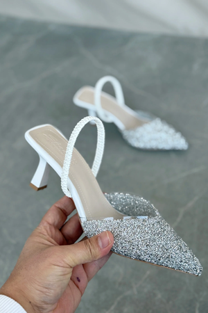 Kadın Monezza Topuklu Cam Kırığı Taşlı Ayakkabı - Beyaz