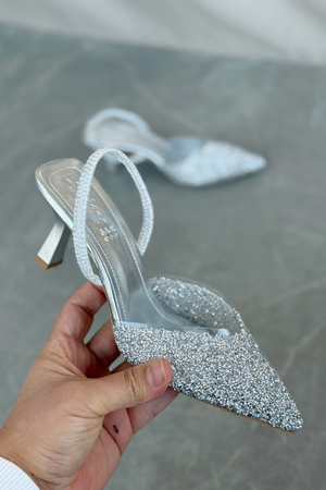 Kadın Monezza Topuklu Cam Kırığı Taşlı Ayakkabı - Gümüş