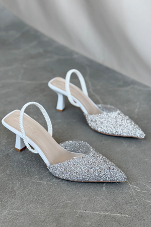 Kadın Monezza Topuklu Cam Kırığı Taşlı Ayakkabı - Beyaz