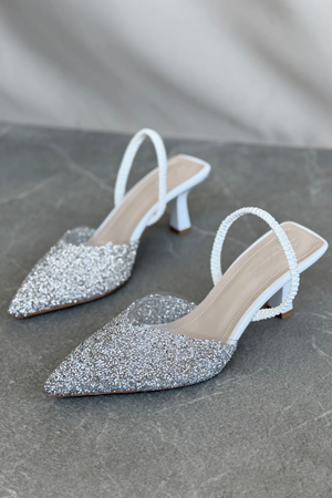 Kadın Monezza Topuklu Cam Kırığı Taşlı Ayakkabı - Beyaz