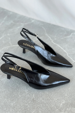 Kadın Runva İnce Kısa Topuklu Ayakkabı - siyah-rugan